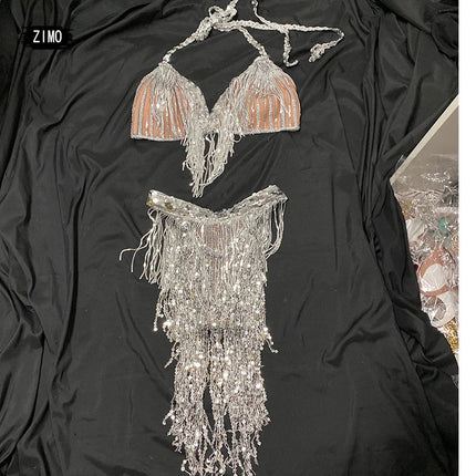Silver Sequin Tassel Halter Bra & Shorts Stage Performance Set
