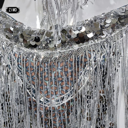 Silver Sequin Tassel Halter Bra & Shorts Stage Performance Set