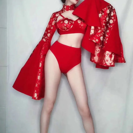 Crimson Red Sculpted Bralette, Dramatic Puff Sleeve Shrug & Briefs 3-Piece Stage Costume Set