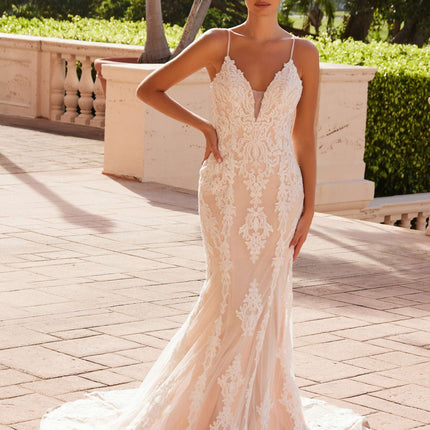 Nox Anabel H494 Spaghetti Strap V-Neckline Long Lace Wedding Gown