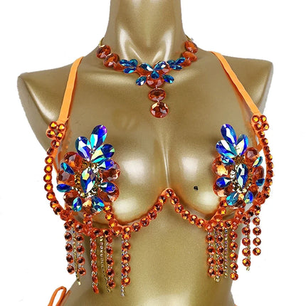 Sparkly Samba Carnival Stone Wire Bra & Necklace Two-Piece Dance Costume Set