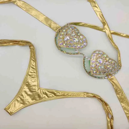 The Venus Vacation Deep-V Bikini – Luxe Rhinestone Embellished Showgirl Swim Set
