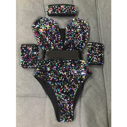 The Stardust Prism Sequin Bodysuit – Colorful High-Cut Rave & Gogo Dancewear