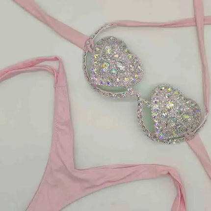 The Venus Vacation Deep-V Bikini – Luxe Rhinestone Embellished Showgirl Swim Set