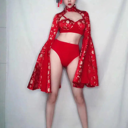 Crimson Red Sculpted Bralette, Dramatic Puff Sleeve Shrug & Briefs 3-Piece Stage Costume Set