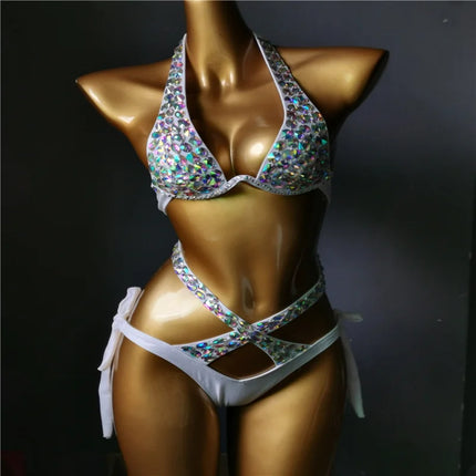 The Venus Vacation High-Waist Bikini – Classic Diamond Rhinestone Showgirl Set