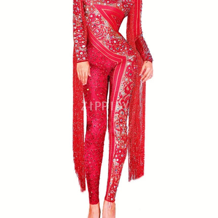 Silver Red Rhinestone Fringe Jumpsuit Stage Performance Outfit Dancer Catsuit