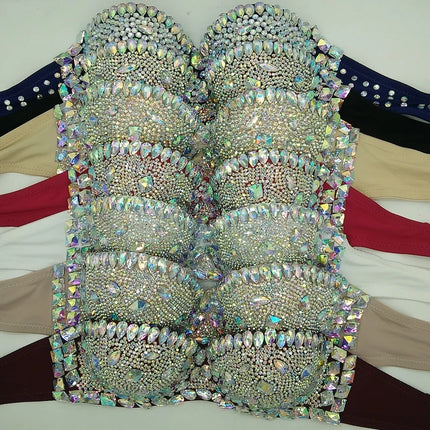 Crystal Rhinestone Diamond Bikini Showgirl Bra Set – Glamour Stage Performance Costume