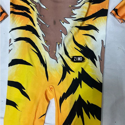 Tiger Print Rhinestone Catsuit Long Sleeve Fierce Animal Stage Performance Jumpsuit