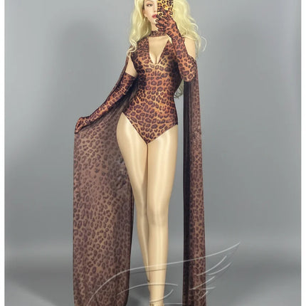 Wild Glam Leopard Print Gogo Bodysuit & Flowing Cape Set