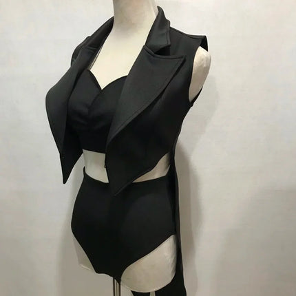 Female Jazz Dance Team Costume Black Yellow Bikini Tailcoat 3 Pieces Set Women Singer Nightclub Sexy Stage Wear Cosplay Outfits