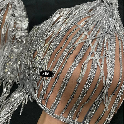Silver Sequin Tassel Halter Bra & Shorts Stage Performance Set