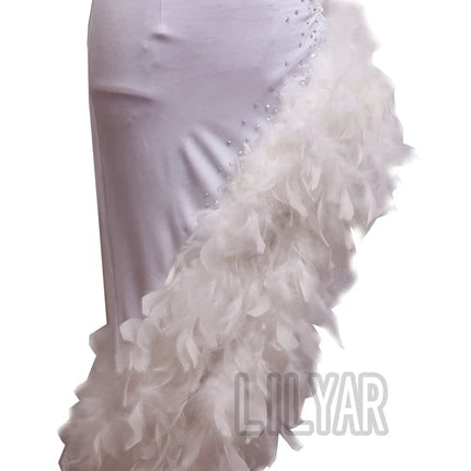 The Stardust Swan Queen – White Feathered Embroidered Latin Dance Competition Dress Set