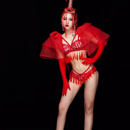 Red Feather Beading Headgear Bikini Dance Outfit Women Nightclub Party Show Stage Wear Bar Concert Singer Performance Costume
