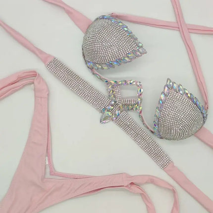 The Stardust Geometric Cross-Strap Bikini – Crystal Lattice Showgirl Set