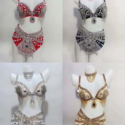 Sparkly Rhinestone Beading Tassel Bikini Sexy Nightclub Stage Wear Fringe Bra High Waist Short DJ Rave Outfit Nightclub Costume