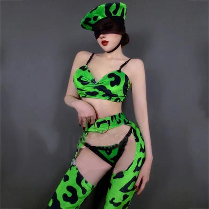 Neon Green Leopard Bikini Top, Wide-Leg Chaps Pants & Hat 4-Piece Stage Dance Costume Set