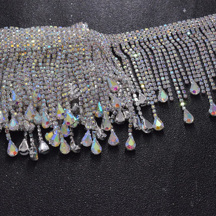 5YDS Crystal AB Rhinestone Fringe Trim 3.1" Tassel Applique Sew-On Stage Costume Border
