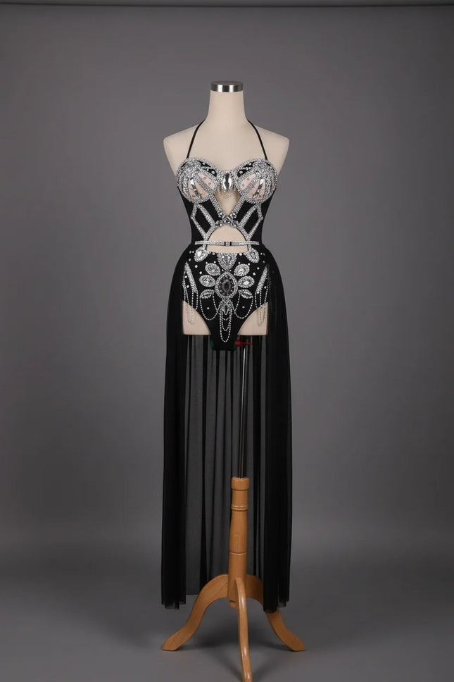 The Stardust Empress Royale – Sparkly Cutout Siamese Singer Jumpsuit & Cloak Set