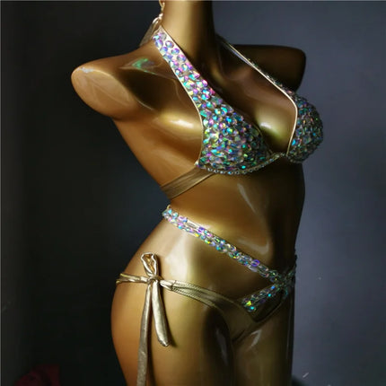 The Venus Vacation High-Waist Bikini – Classic Diamond Rhinestone Showgirl Set