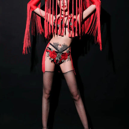 Red Rose Floral Fringe Bikini & Matching Fringe Gloves Stage Performance Costume Set