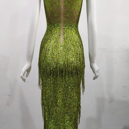Sparkly Lime Green Rhinestone & Tassel Fringe Bodycon Dress Stage Performance Costume