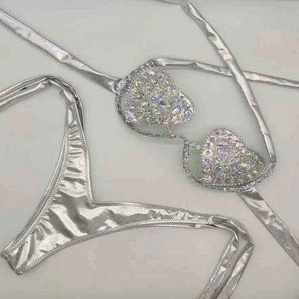 The Venus Vacation Deep-V Bikini – Luxe Rhinestone Embellished Showgirl Swim Set