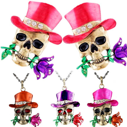 Retro Skull Head Rose Flower Pendant Necklace