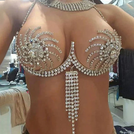 Luxury Crystal Swirl Micro Bikini Body Chain – Shimmering Rhinestone Tassel Bra & Exotic Chest Harness for Festivals, Raves & Clubwear