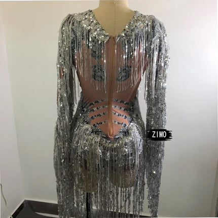 Sparkly Sequins Fringe Bodysuit Women's Sexy Dancer Show Leotard
