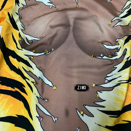 Tiger Print Rhinestone Catsuit Long Sleeve Fierce Animal Stage Performance Jumpsuit