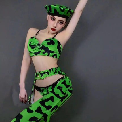 Neon Green Leopard Bikini Top, Wide-Leg Chaps Pants & Hat 4-Piece Stage Dance Costume Set