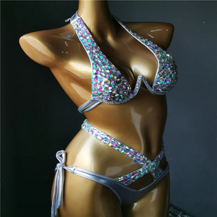 The Venus Vacation High-Waist Bikini – Classic Diamond Rhinestone Showgirl Set