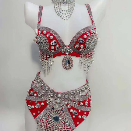 Sparkly Rhinestone Beading Tassel Bikini Sexy Nightclub Stage Wear Fringe Bra High Waist Short DJ Rave Outfit Nightclub Costume