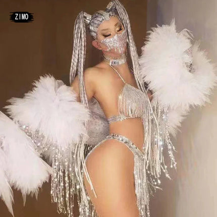 Silver Sequin Tassel Halter Bra & Shorts Stage Performance Set