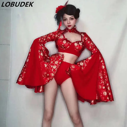 Crimson Red Sculpted Bralette, Dramatic Puff Sleeve Shrug & Briefs 3-Piece Stage Costume Set