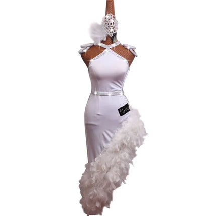 The Stardust Swan Queen – White Feathered Embroidered Latin Dance Competition Dress Set