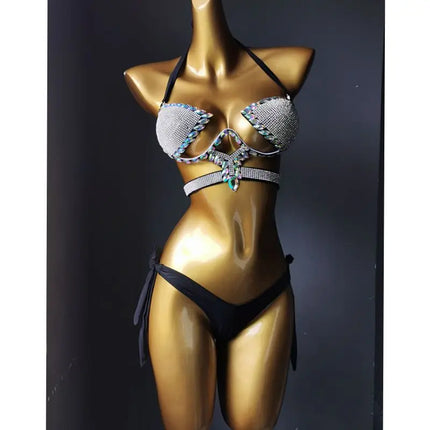 The Stardust Geometric Cross-Strap Bikini – Crystal Lattice Showgirl Set