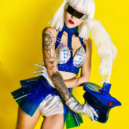 Holographic Silver Laser Bikini, Ruffle Skirt & Captain Hat 3-Piece Stage Costume Set
