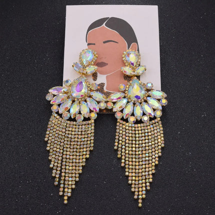 Sparkly Glass Crystal AB Tassel Drop Earrings Stage Performance Jewelry