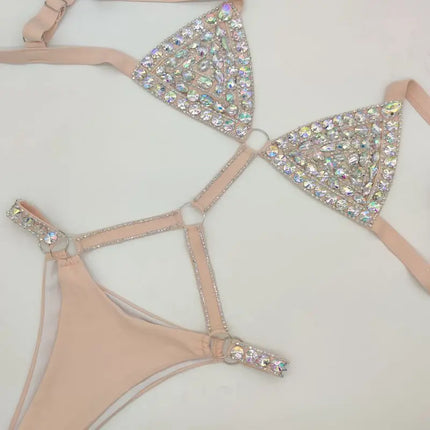 The Siren Strappy Rhinestone Bikini – Crystal Diamond Cutout Showgirl Set