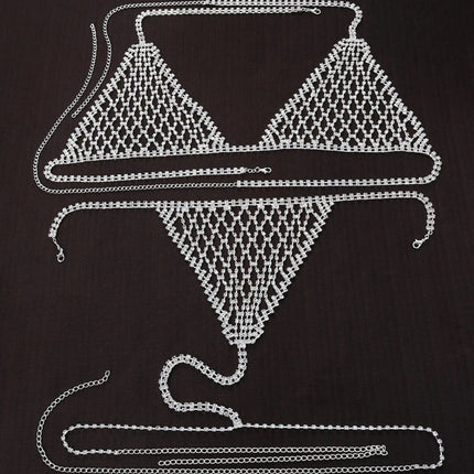 Luxury Rhinestone Grid Body Chain Set – Shimmering Crystal Mesh Bra & Thong Harness Set for Raves, Festivals & Exotic Clubwear