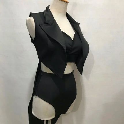 Female Jazz Dance Team Costume Black Yellow Bikini Tailcoat 3 Pieces Set Women Singer Nightclub Sexy Stage Wear Cosplay Outfits
