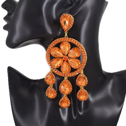 Sparkly 5.1" Glass Crystal Tassel Drop Earrings Drag Queen Stage Jewelry
