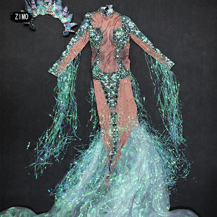 Emerald Green Rhinestone Sequin Mermaid Gown & Crown Stage Performance Costume Set