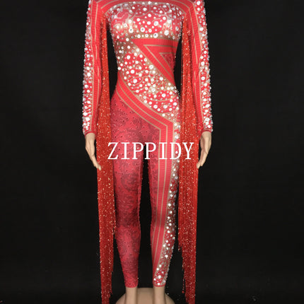 Silver Red Rhinestone Fringe Jumpsuit Stage Performance Outfit Dancer Catsuit