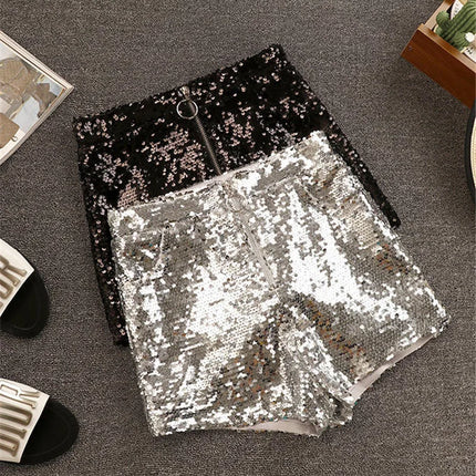 Sparkly Sequin High-Waisted O-Ring Zip Bodycon Shorts Stage Costume