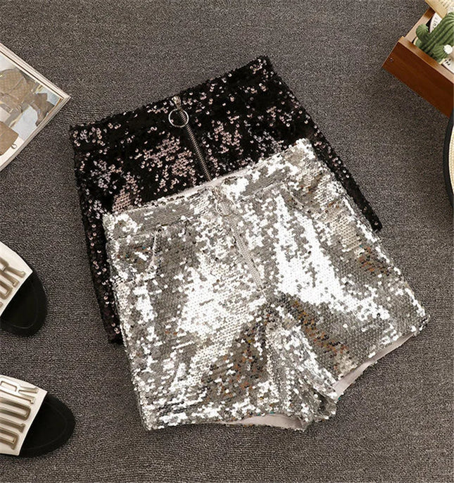 Sparkly Sequin High-Waisted O-Ring Zip Bodycon Shorts Stage Costume