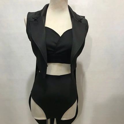 Female Jazz Dance Team Costume Black Yellow Bikini Tailcoat 3 Pieces Set Women Singer Nightclub Sexy Stage Wear Cosplay Outfits
