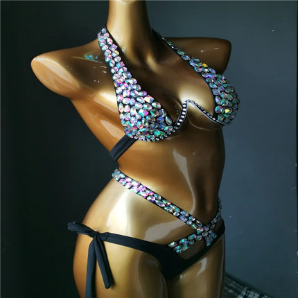 The Venus Vacation High-Waist Bikini – Classic Diamond Rhinestone Showgirl Set
